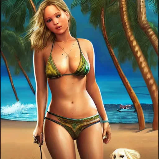Prompt: highly detailed painting of jennifer lawrence wearing a bikini and her golden retriever dog, gta 5 cover art style, 8 k, radiant light, detailed and intricate environment, trending on artstation