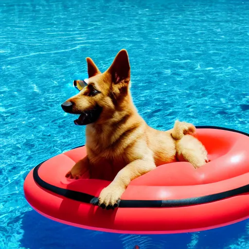 Prompt: An anthropomorphic GSD puppy with hands enjoying a cosmopolitan cocktail and wearing blue-flash Ray-ban sunglasses in a swimming pool while floating on an inflatable raft, tranquil, breezy background, city high-rise, atmospheric, hazy, sweltering, autochrome, 4k, reflections, ue5, digital art