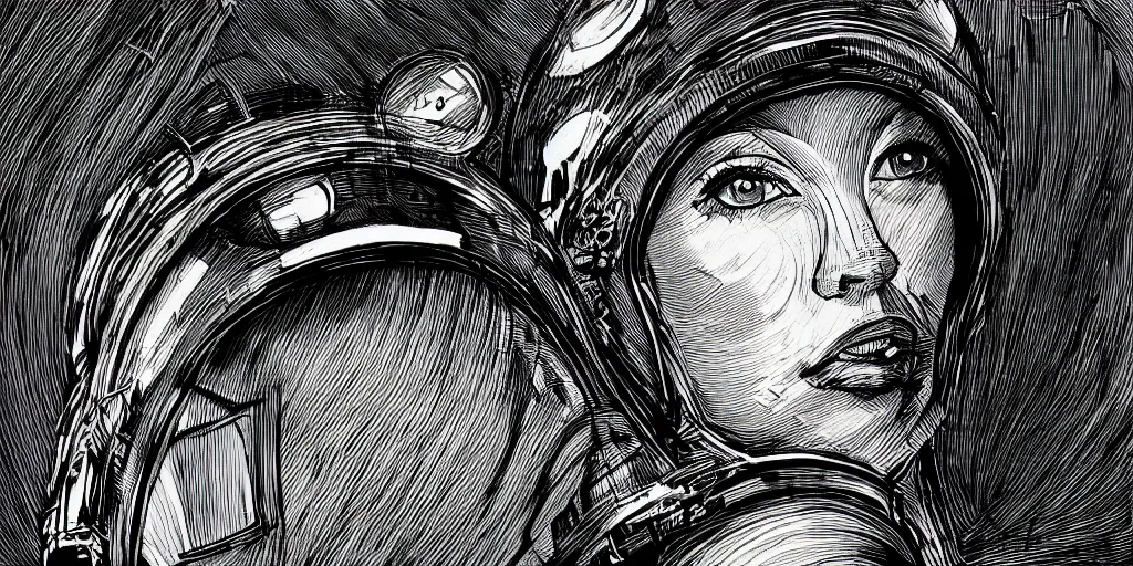 Image similar to ink lineart drawing portrait of a woman wearing a space helmet, closeup of her eyes, space background, artstation, etchings by goya, chinese brush pen, illustration, high contrast, deep black tones contour