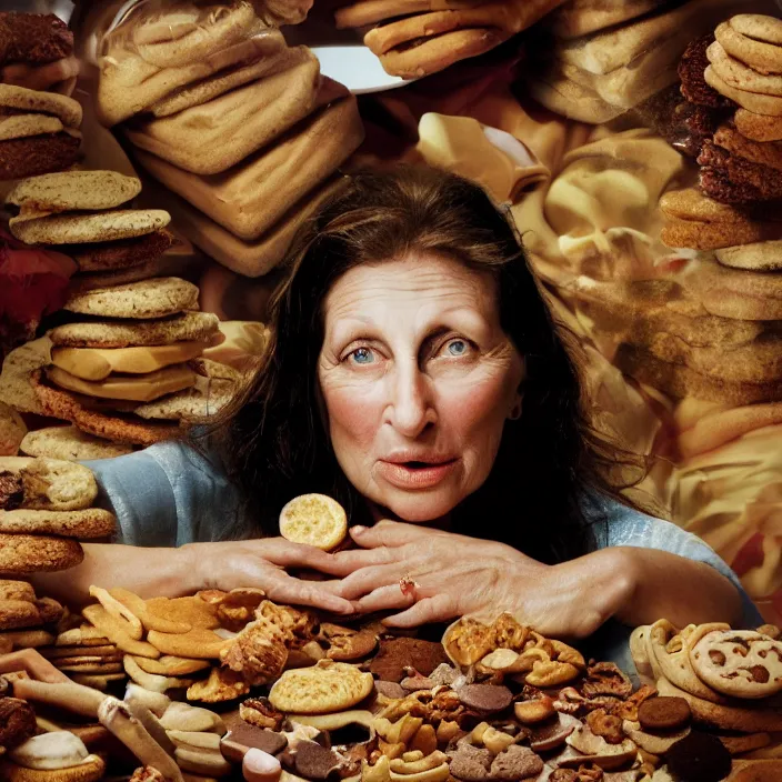 Prompt: closeup portrait of a woman drowning in cakes and cookies, by Annie Leibovitz and Steve McCurry, natural light, detailed face, CANON Eos C300, ƒ1.8, 35mm, 8K, medium-format print