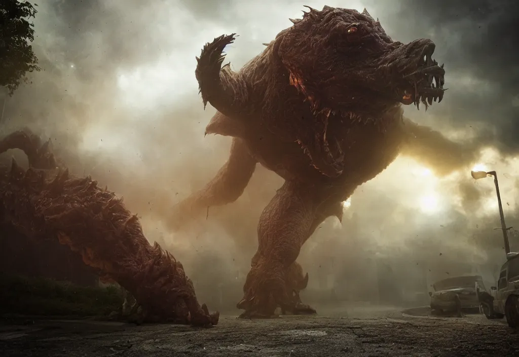 Image similar to vfx color film closeup, huge behemoth monster creature beast by aaron sims, in residential street, low - key lighting award winning photography arri alexa cinematography, hyper real photorealistic cinematic beautiful, atmospheric