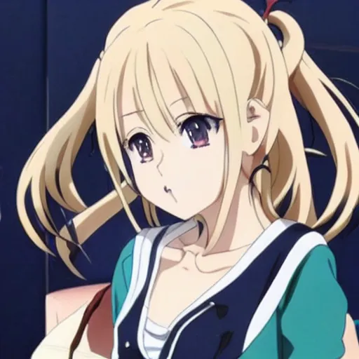 Image similar to key anime visual of a tsundere with blonde hair and twintails; official media