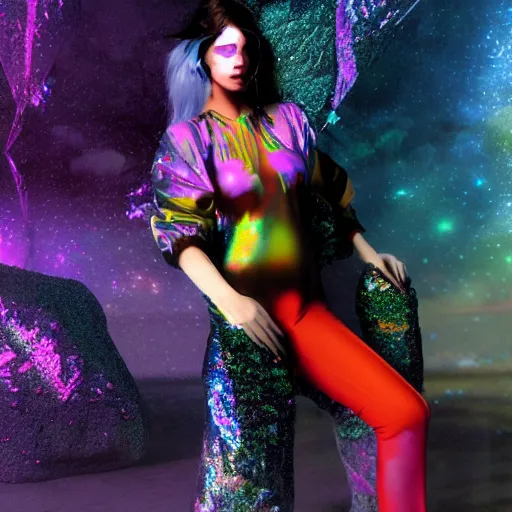 Image similar to high fantasy 1 9 8 0's wargame airbrushed artwork - inspired octane render, a model wearing an iridescent clear latex jacket and colorful iridescent glittery makeup posing in a volcanic black rock landscape