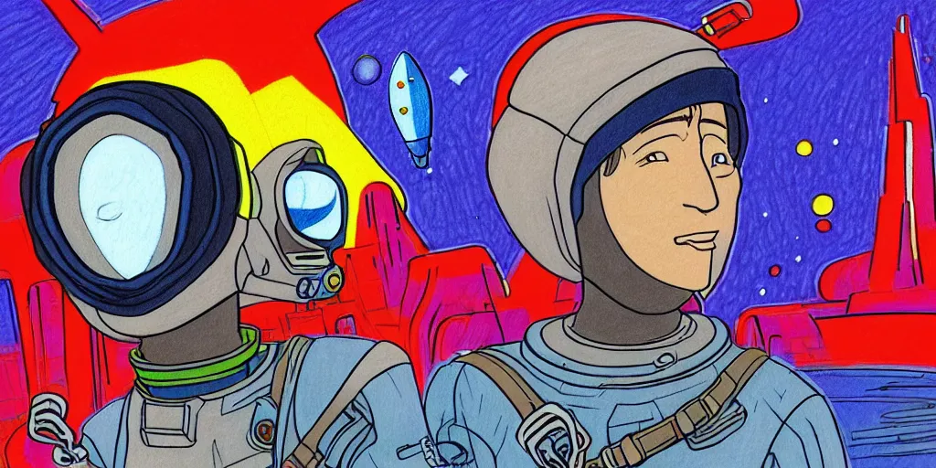 Prompt: traditional drawn colorful animation portrait of headshot a close look to solo skateboarder with backpack jumping, futuristic city street, space station planet afar, planet surface, ground, rocket launcher, outer worlds, hyper contrast well drawn, in Metal Hurlant, in Pilote, in Pif, by Jean Henri Gaston Giraud animation film The Masters of Time FANTASTIC PLANET La planète sauvage animation by René Laloux