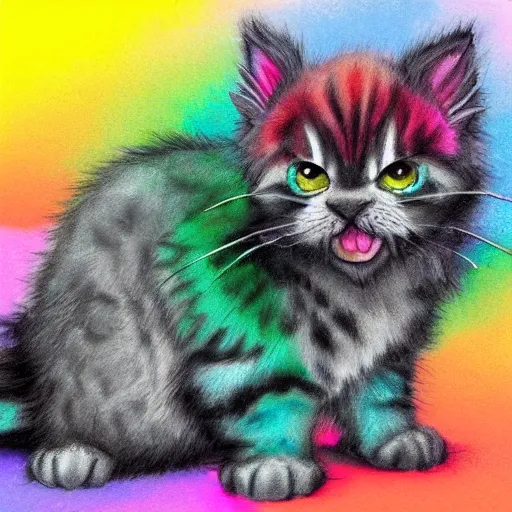 Image similar to wide angle full body, of a fluffy cute rainbow kitten wearing a black leather motorcycle jacket, concept art