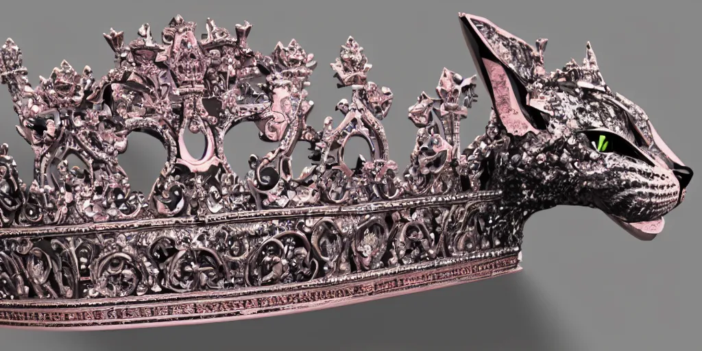 Image similar to made from steel crown is engraved with a single cat face, thin crown, pink color, luxury style, 4 k, realistic render, ultra - detailed, ultra detail