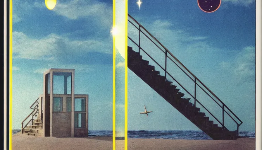 Image similar to A 1985 vintage magazine architecture photo of stairs, mediterranean architecture, refracted lines and sparkles, thunderstorm outside, beach on the background major arcana sky and occult symbols, hyperrealistic, award-winning, 1985