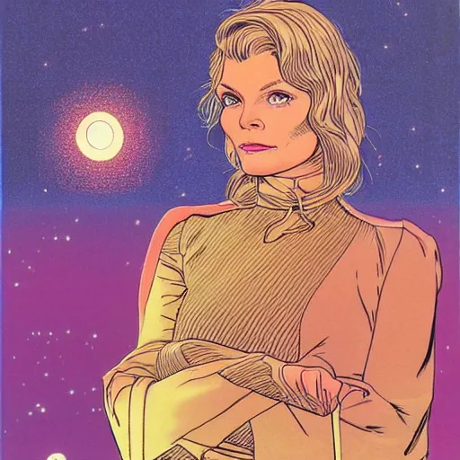 Image similar to michelle pfeiffer retro minimalist portrait moebius starwatcher comic by jean giraud, 8 k