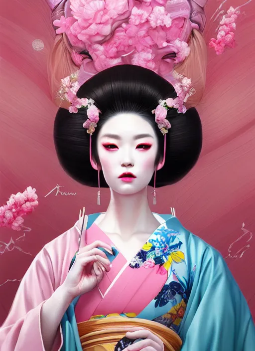 Image similar to dreamlike luxury stunning oiran portrait, pink pastel colours kimono, art by artgerm, wlop, loish, ilya kuvshinov, 8 k realistic, hyperdetailed, beautiful lighting, detailed background, depth of field, symmetrical face, frostbite 3 engine, cryengine,