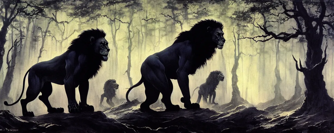 Image similar to frazetta painting of forest of souls filled with skeletons on the ground, backlight on anthropomorphic lion silhouette standing in epic pose ,nighttime ,daytime , backlight , detailed visible brushmarks