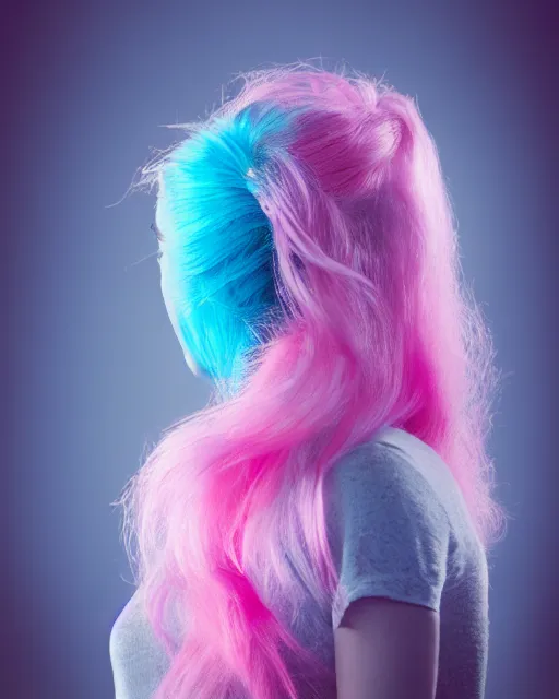 Image similar to a dramatic lighting photo of a beautiful young woman with cotton candy hair. with a little bit of cyan and pink