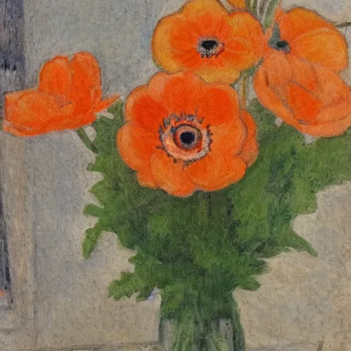 Image similar to light orange by gabriele munter, by william russell flint weary. a photograph of a group of anemones in a vase