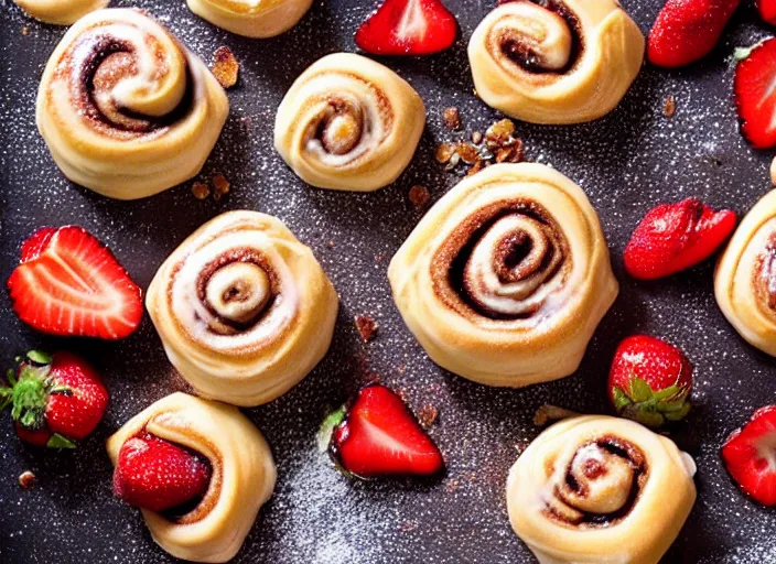 Image similar to sugary hot cinnamon rolls with extra glaze, strawberries, sprinkles, and coins, professional food photography, studio lighting, plating