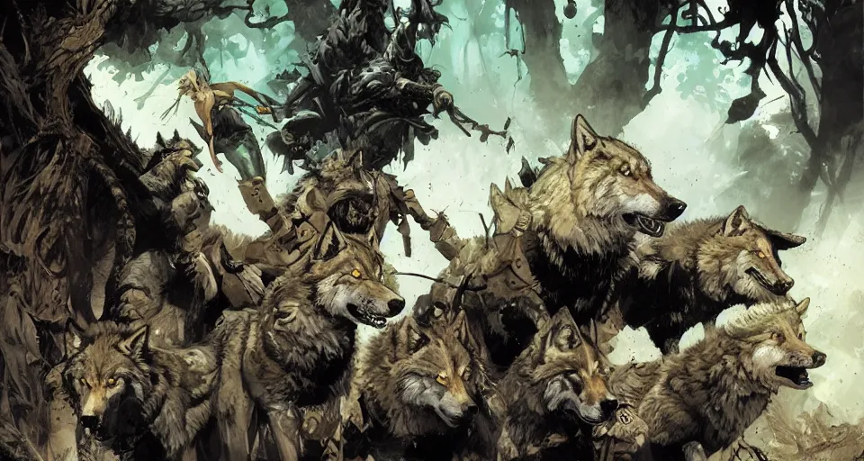 Image similar to WOLVES AND THEIR TREASURES. By Travis Charest, James Gurney, and Ashley Wood. magic lighting. Magic the gathering. digital painting.