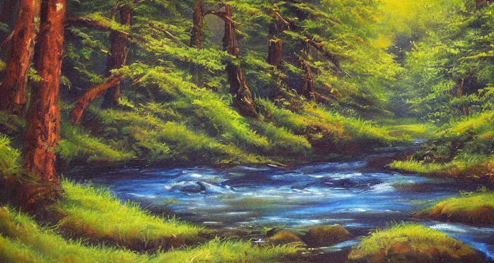 Image similar to a breathtaking painting of a stream in a forest by Bob ross