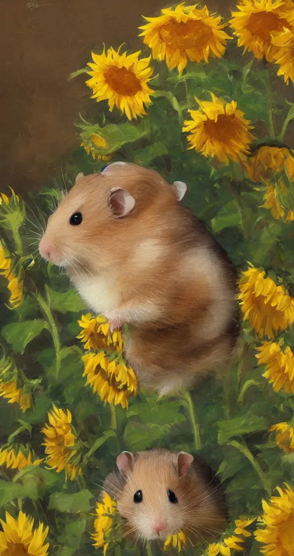 Image similar to a highly detailed beautiful portrait of a cute little hamster surrounded by beautiful sunflowers, by gregory manchess, james gurney, james jean