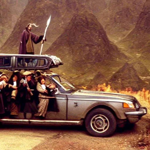 Prompt: Gandalf driving the hobbits to mordor in a station wagon
