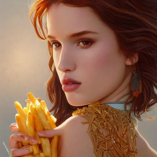 Image similar to ultra realistic illustration, bella thorne as french fries, intricate, elegant, highly detailed, digital painting, artstation, concept art, smooth, sharp focus, illustration, art by artgerm and greg rutkowski and alphonse mucha