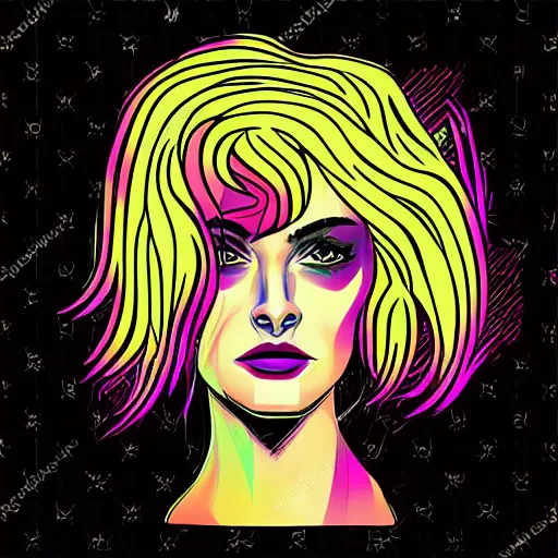Image similar to a beautiful face of a woman, with a tattoo of semi colon on her face, in retro colors, synthwave style, 2 d digital vector art