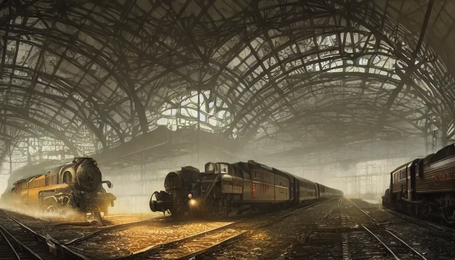 Image similar to Dieselpunk railway station, anamorphic lens, steam, epic composition, diesel trains, intricate, elegant, volumetric lighting, digital painting, highly detailed, artstation, sharp focus, illustration, concept art, ruan jia, steve mccurry