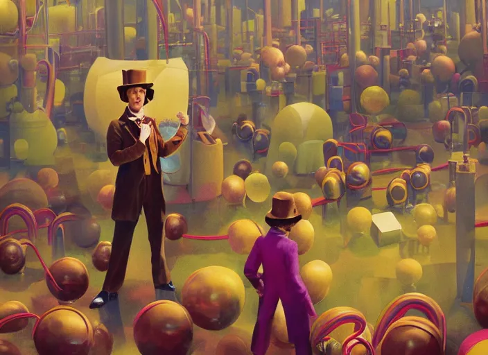 Prompt: film still of Willy Wonka's and the Chocolate Factory 1971 artwork painting made by Sergey Kolesov