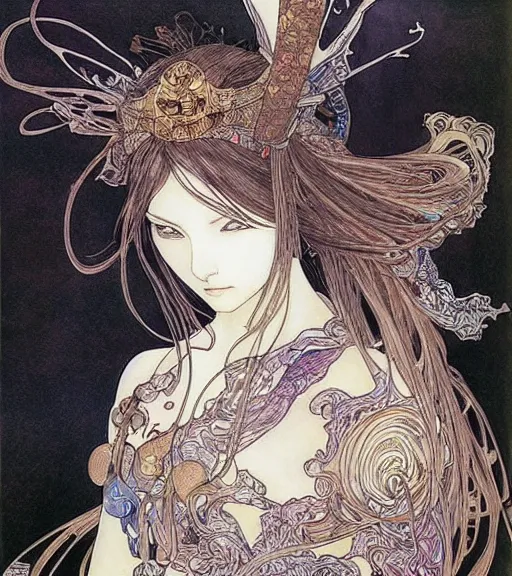 Prompt: yoshitaka amano painting of an anime woman, intricate line drawings, pen and ink, alphonse mucha, claire wendling, kentaro miura