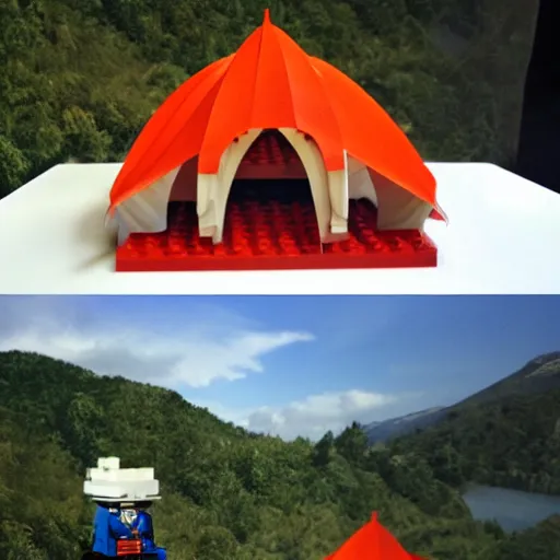 Image similar to lego sculpture of a tent and a huge salmon, thoughtful, elegant, real