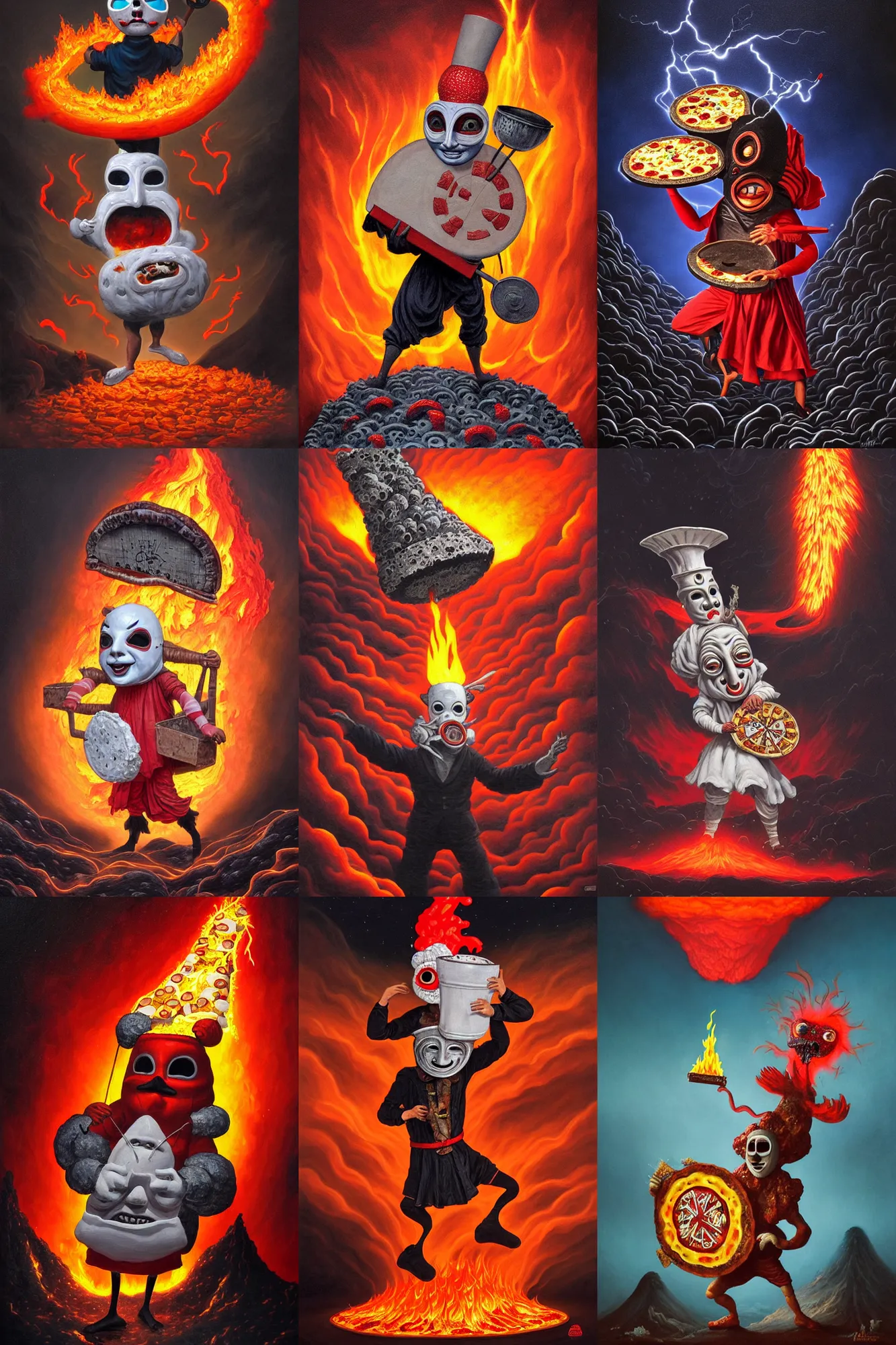 Image similar to an extremely detailed pulcinella like character wearing a mask holding a large pizza in front of a volcano spewing lava and black smoke, from below, streams of glowing hot lava, flashes of lightning in the distance, wide shot, long shot, an ultrafine detailed painting by joe fenton, deviantart, pop surrealism, whimsical