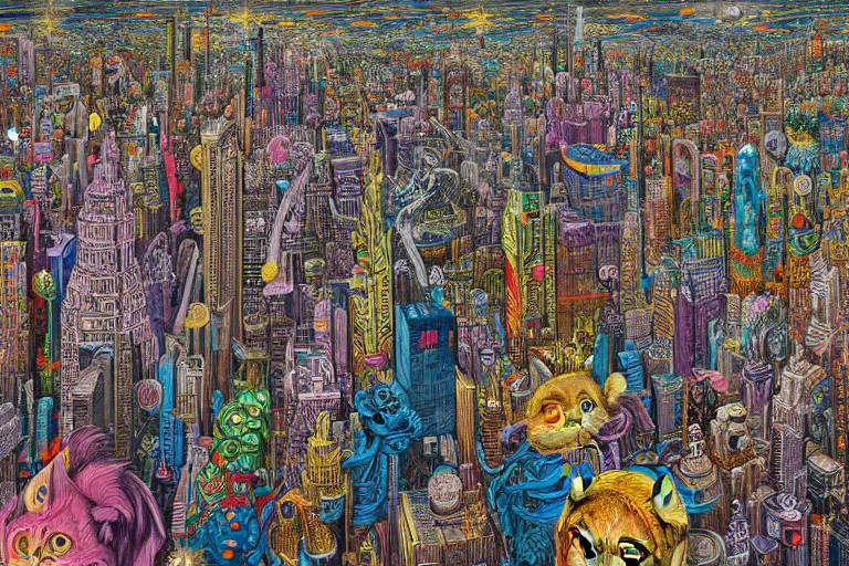 Image similar to hyper detailed nightmare cityscape in 3d collaboration with dan mumford and Louis Wain (1920)