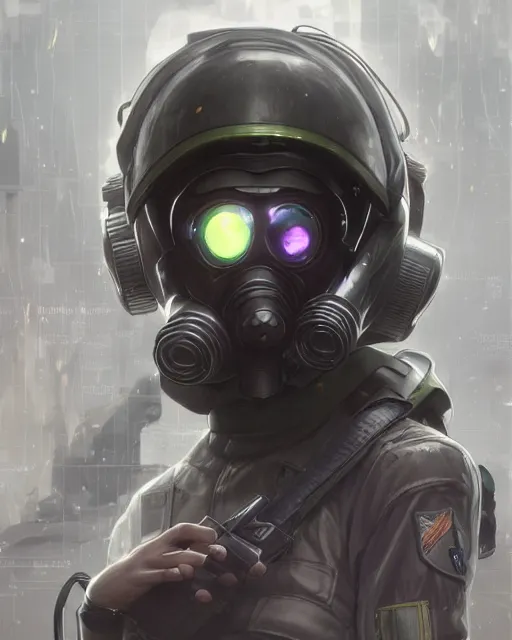 Image similar to anime key visual of a young female swat officer, neon, futuristic gas mask, cyberpunk, futuristic, stunning, highly detailed, digital painting, artstation, smooth, soft focus, illustration, art by artgerm and greg rutkowski and alphonse mucha