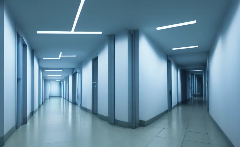 Image similar to an hallway in hospital with soft blue lights in the roof, octane render, artstation trending, highly detailded