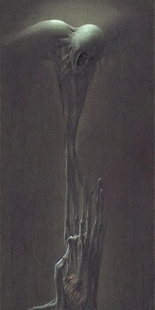 Prompt: “demonic alien with long fingers at the foot of the bed in a dark room, Beksinski”