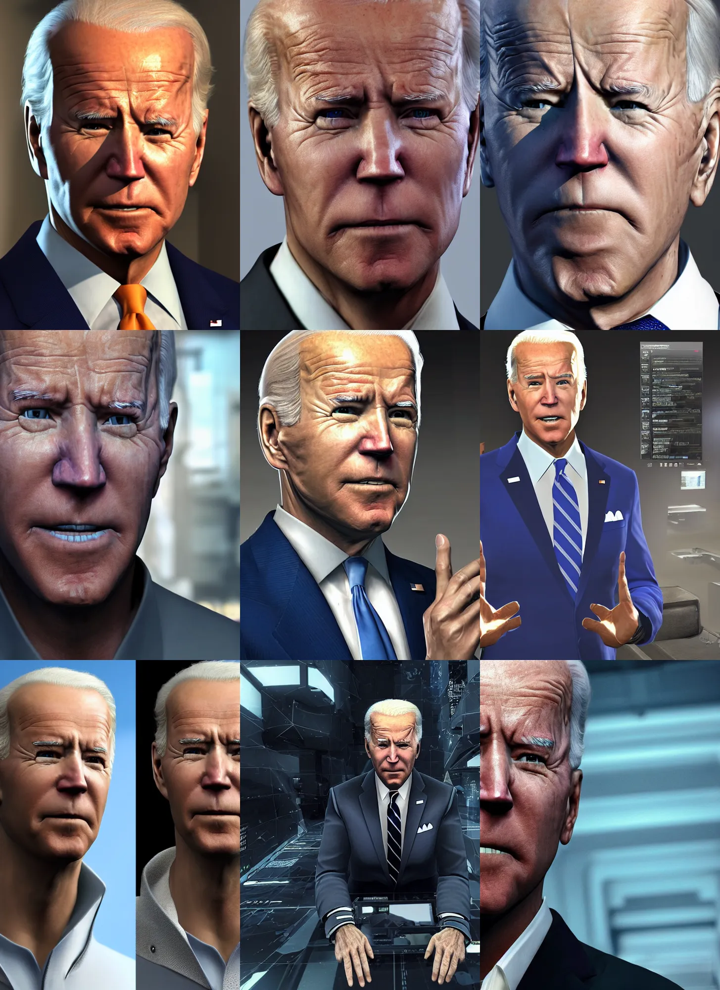Prompt: joe biden with cyber implants in deus ex human revolution, 8 k, ray tracing, ambient occlusion, subsurface scattering, ps 5, deus ex human revolution, deus ex, deus ex mankind divided, joe biden, realistic face, realistically rendered face, realistically proportioned face, realistically proportioned head, photorealistic eyes
