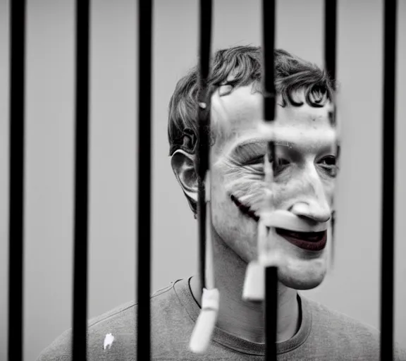 Image similar to Joachim Brohm photo of 'mark zuckerberg as joker laughing behind jail bars', high contrast, high exposure photo, monochrome, DLSR, grainy, close up