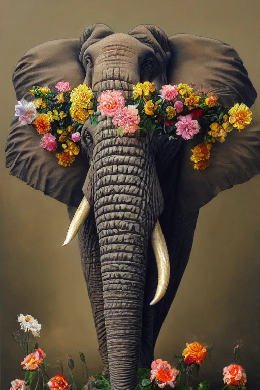 a elephant holding a flower with its trunk on a green, Stable Diffusion