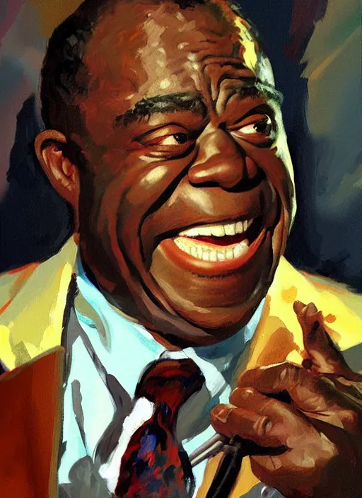 Image similar to a portrait of louis armstrong telling a joke, by greg manchess, dramatic lighting, highly detailed digital painting