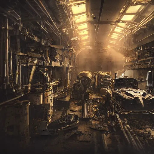 Image similar to cutlery mecha, dark messy smoke - filled cluttered workshop, dark, dramatic lighting, orange tint, cinematic, highly detailed, sci - fi, futuristic, movie still