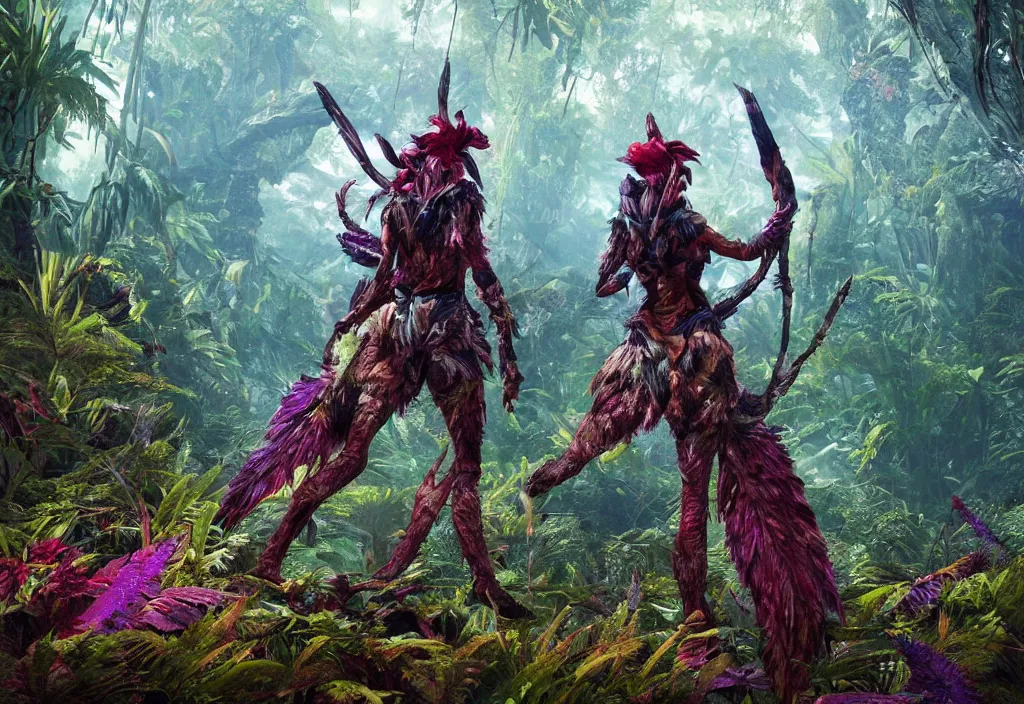 Image similar to explorer woman walking in animal fur armour, walking in a dense alien snow covered jungle with colourful red, blue and purple plants, large vines, mossy organic rock structures, in the style of monster hunter world, like concept art on artstation, hyperdetailed, vray render, octane render,