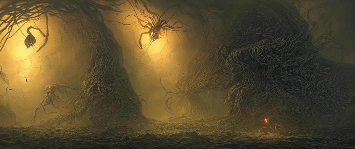 Image similar to giant spider versus snake, beautiful dramatic moody lighting, cinematic atmosphere, by Jean Giraud, Alex Grey, Zdzislaw Beksiński, Dan Mumford, Patiphan Sottiwilaiphong, Yintion J - Jiang Geping