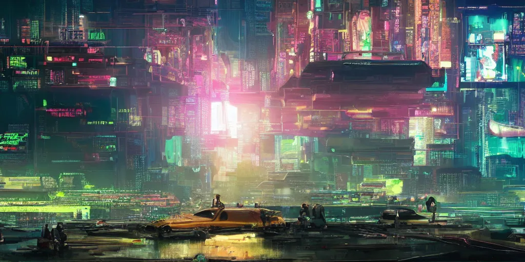 Image similar to a cinematic composition depicting : a computer run degrading cyberpunk world, on top of the mountain a mysterious neural network is using its transformative energy to transition to a hopeful to lush solarpunk civilization