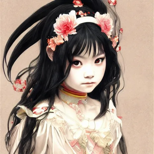 Image similar to Yui Mizuno from Babymetal, intricate, elegant, highly detailed, digital painting, artstation, character concept art, smooth, sharp focus, illustration, art by artgerm and greg rutkowski and alphonse mucha