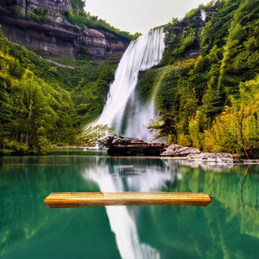 Prompt: modern boat floating on a lake, waterfalls in the background, water reflections, very detailed photography, 4K, wallpaper, beautiful natural scenery