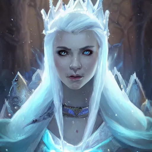 Prompt: cold portrait of a beautiful young ice queen wearing ice crown, epic fantasy style, in the style of Greg Rutkowski, hearthstone artwork