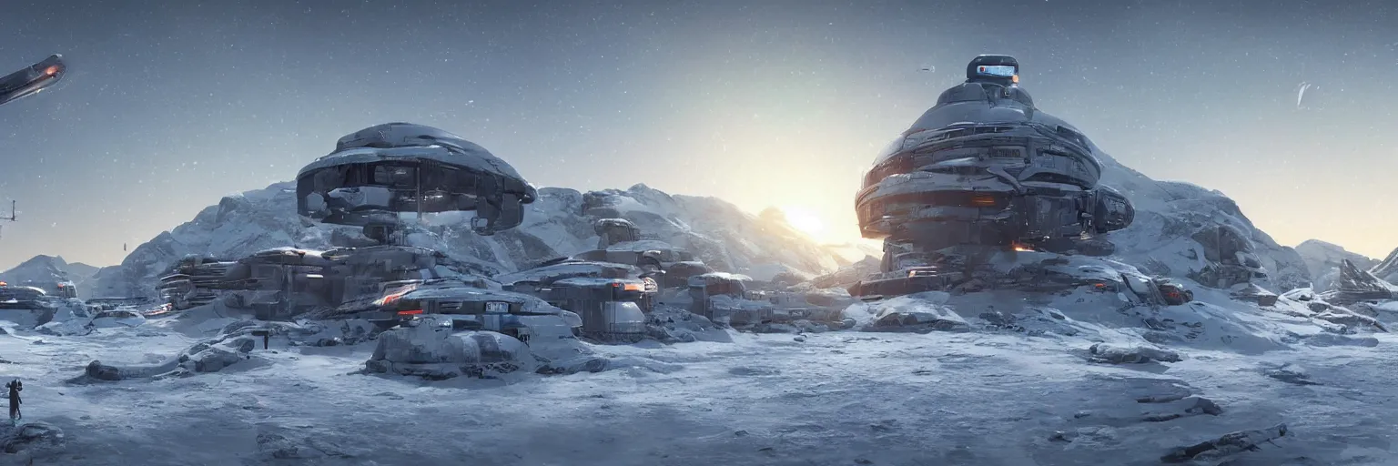 Image similar to “Concept art of a modern research outpost on a snowy mountain at sunset on an alien world, 2077 , 8k, star citizen, art station”