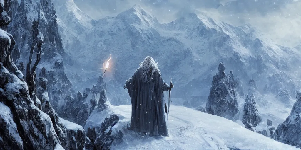 Image similar to a powerful wizard, gandalf in lord of the rings, casting a spell on a snowy mountain top, greg rutkowski, 8 k, shallow depth of field, intricate detail, concept art,