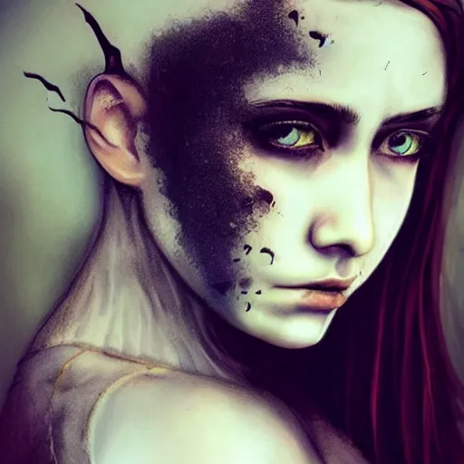 Prompt: girl, fantasy art, 1 8 yo, pale, large dark birthmark across half of face, pretty, sad, medieval, dark hair