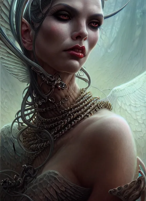 Prompt: closeup portrait shot of a succubus in a scenic dystopian environment, intricate, elegant, highly detailed, centered, digital painting, artstation, concept art, smooth, sharp focus, illustration, artgerm, tomasz alen kopera, peter mohrbacher, donato giancola, joseph christian leyendecker, wlop, boris vallejo