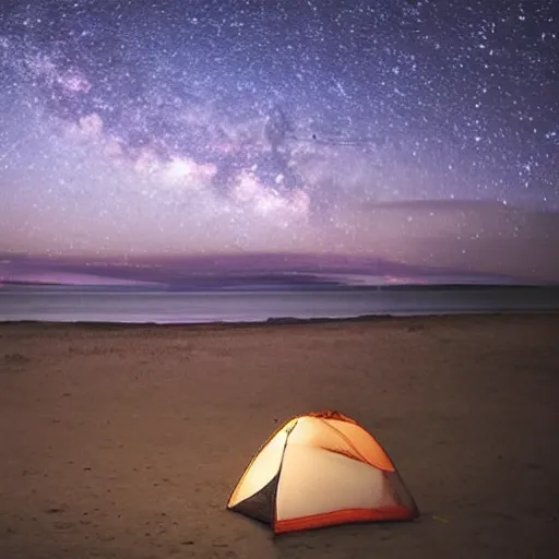 Prompt: a camping tent, on a stunning beach, on a distant planet, under a beautiful sky filled with stars :: nicely landscaped :: 8k :: hyperrealistic :: cinematic :: wide angle :: epic ::