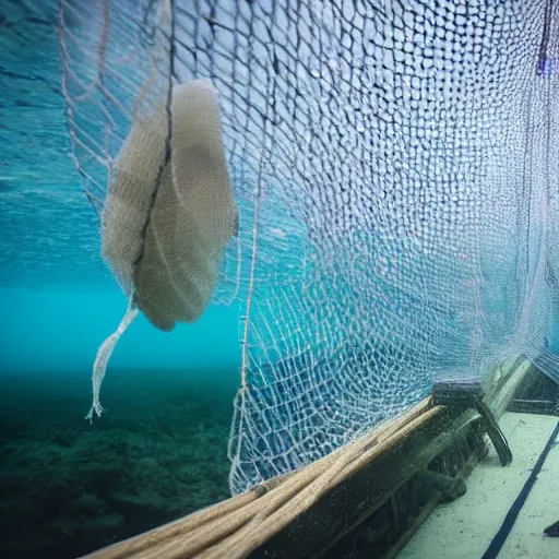 Prompt: nylon trawl net with rockhoppers being towed behind a boat, scraping over the seabed, silt plume behind the net, underwater photo - c 1 1