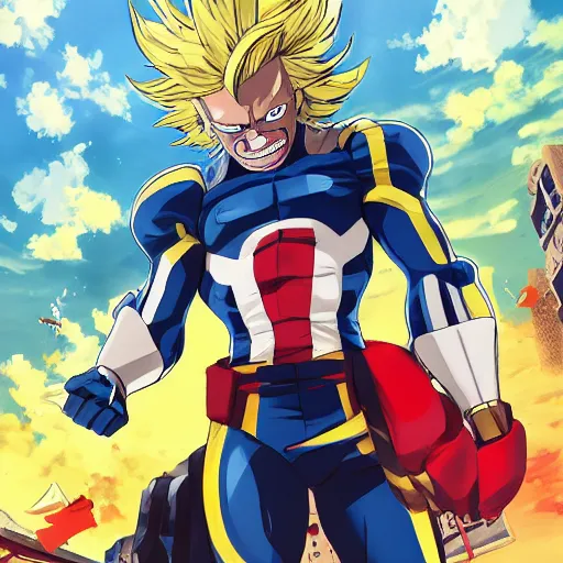 Image similar to all might from my hero academia, futuristic, gta 5 cover art, oil painting, comic book black lines, alot of paint smears, blonde sharp hair, hero outfit, fine details, sharp focus, intricate, realistic shaded perfect face, third dimensional, by cushart krenz, by makoto shinkai, by wlop, by artgerm